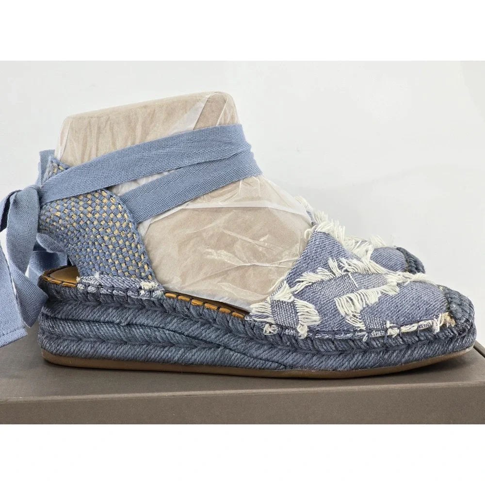 Franco Sarto L-Britney Espadrille Sandals Womens 7.5 Blue Denim Wedge Tie -New